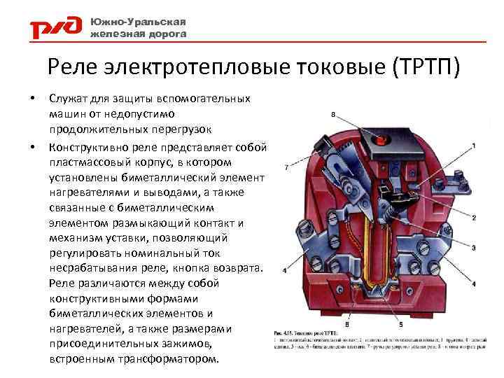 Южно-Уральская железная дорога Реле электротепловые токовые (ТРТП) • • Служат для защиты вспомогательных машин