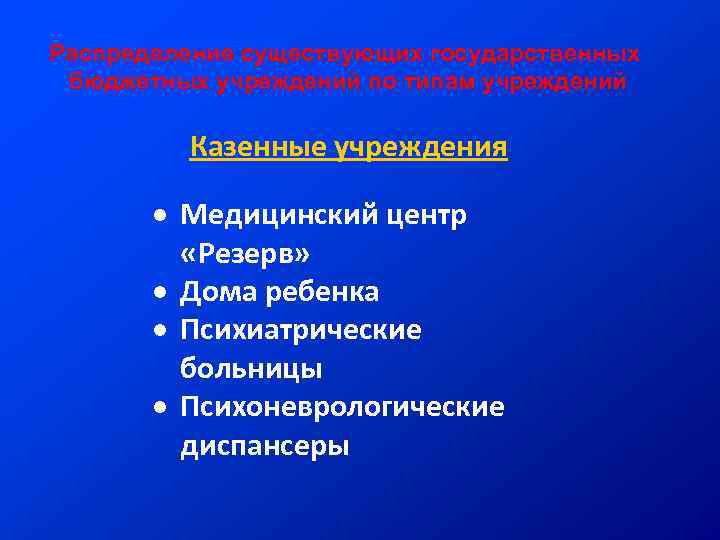 Распределение существующих государственных бюджетных учреждений по типам учреждений Казенные учреждения Медицинский центр «Резерв» Дома