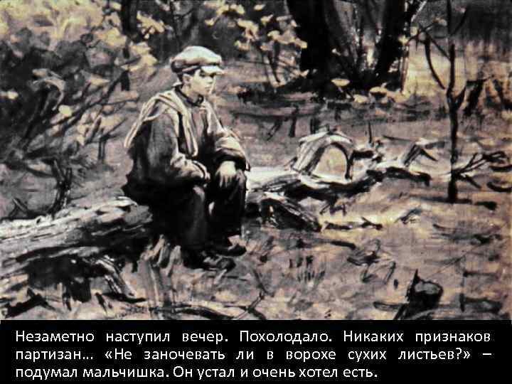 Незаметно наступил вечер. Похолодало. Никаких признаков партизан… «Не заночевать ли в ворохе сухих листьев?