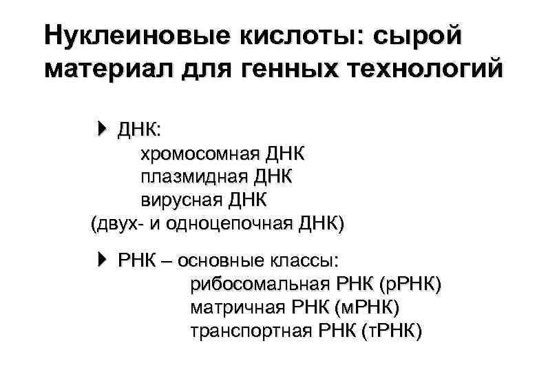 Нуклеиновые кислоты: сырой материал для генных технологий ДНК: хромосомная ДНК плазмидная ДНК вирусная ДНК