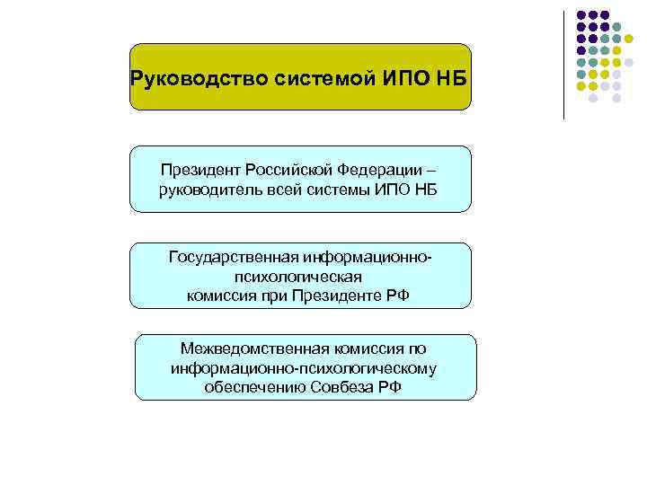 Руководство системой ИПО НБ Президент Российской Федерации – руководитель всей системы ИПО НБ Государственная