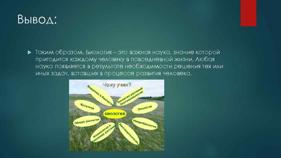 Вывод: Таким образом, Биология – это важная наука, знание которой пригодится каждому человеку в