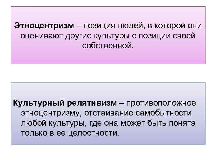 Этноцентризм – позиция людей, в которой они оценивают другие культуры с позиции своей собственной.