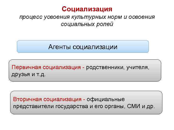 Социализация процесс усвоения культурных норм и освоения социальных ролей Агенты социализации Первичная социализация -
