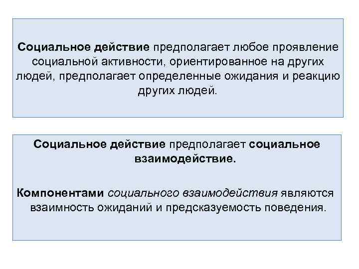 Социальное действие предполагает любое проявление социальной активности, ориентированное на других людей, предполагает определенные ожидания