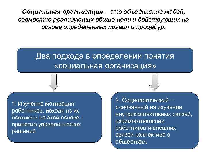 Социальная организация – это объединение людей, совместно реализующих общие цели и действующих на основе