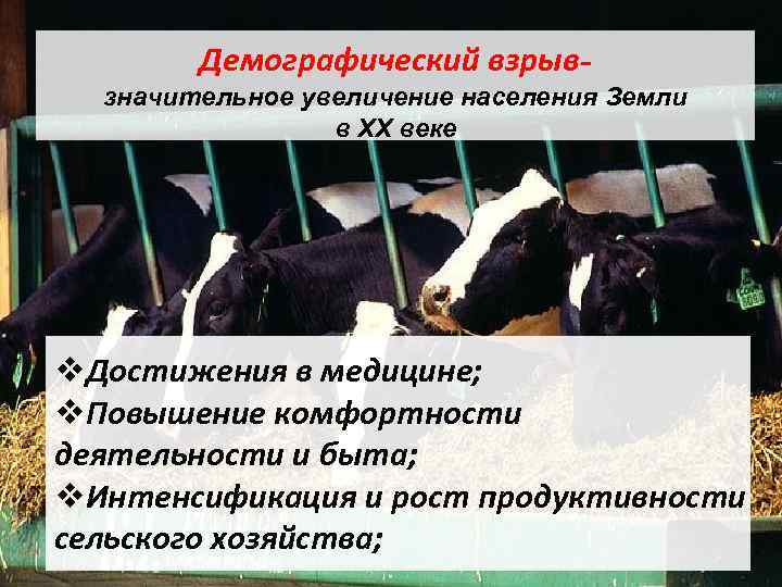 Демографический взрывзначительное увеличение населения Земли в ХХ веке v. Достижения в медицине; v. Повышение
