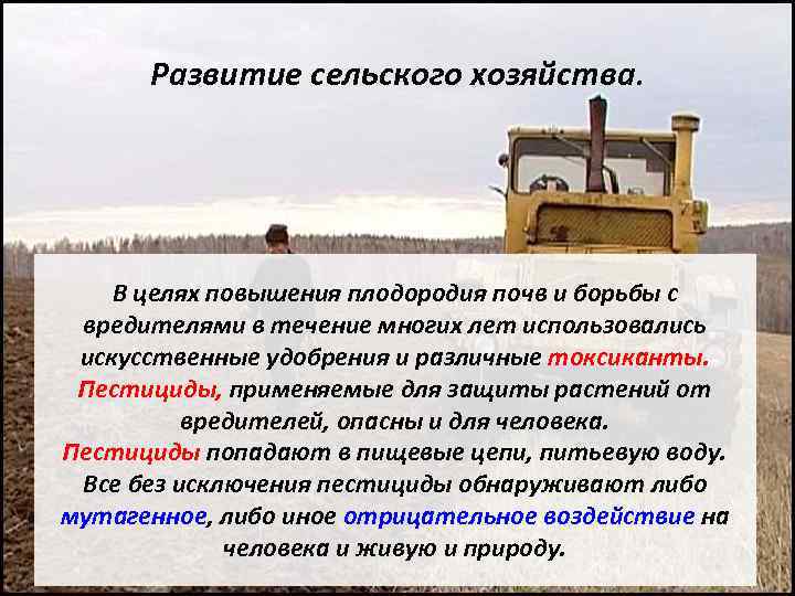 Развитие сельского хозяйства. В целях повышения плодородия почв и борьбы с вредителями в течение