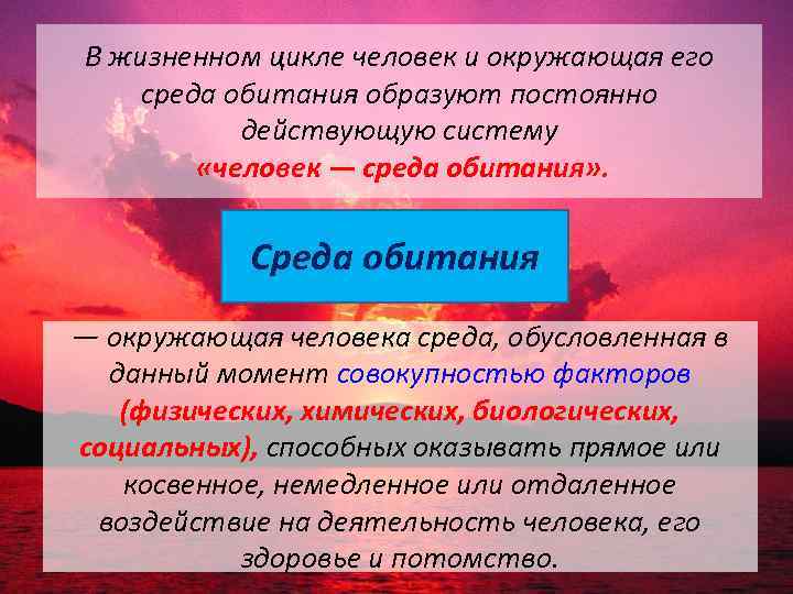 В жизненном цикле человек и окружающая его среда обитания образуют постоянно действующую систему «человек