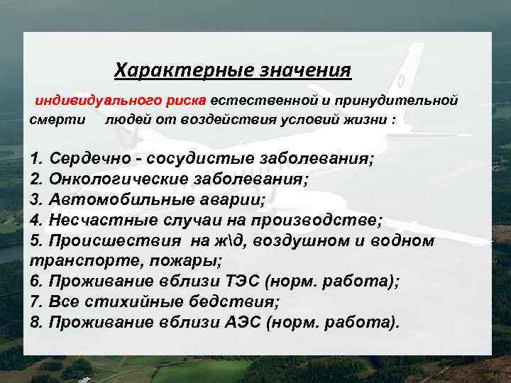 Характерные значения индивидуального риска естественной и принудительной смерти людей от воздействия условий жизни :