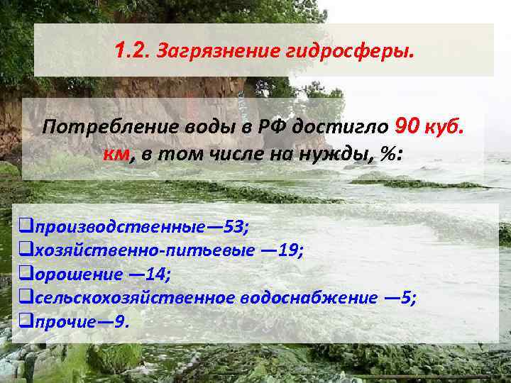1. 2. Загрязнение гидросферы. Потребление воды в РФ достигло 90 куб. км, в том