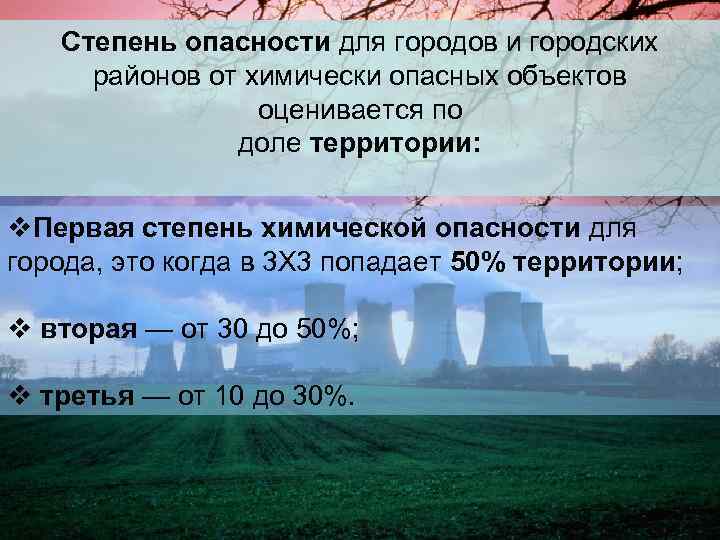Степень опасности для городов и городских районов от химически опасных объектов оценивается по доле