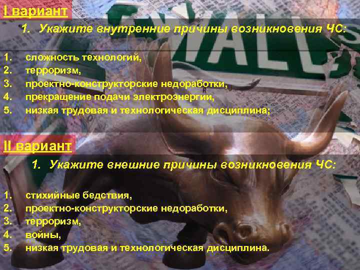 I вариант 1. Укажите внутренние причины возникновения ЧС: 1. 2. 3. 4. 5. сложность