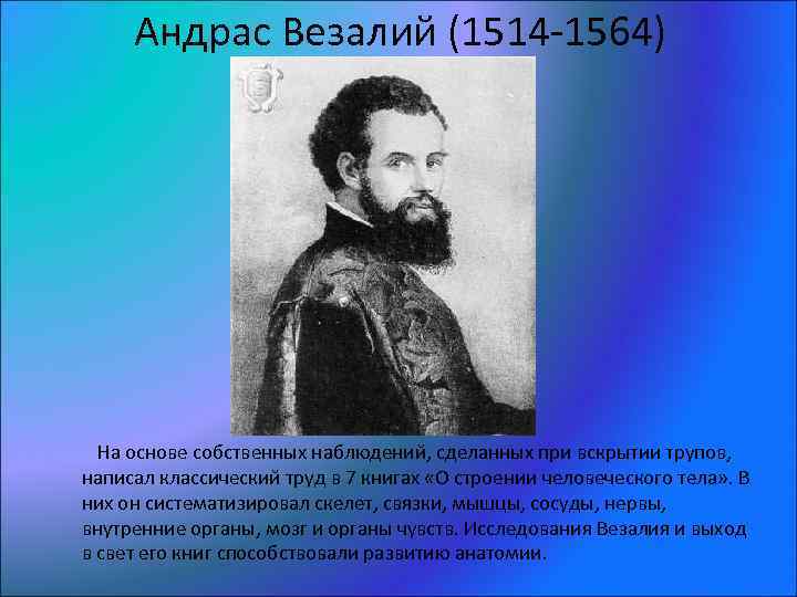 Андрас Везалий (1514 -1564) На основе собственных наблюдений, сделанных при вскрытии трупов, написал классический