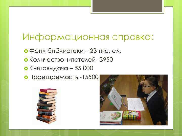 Информационная справка: Фонд библиотеки – 23 тыс. ед. Количество читателей -3950 Книговыдача – 55