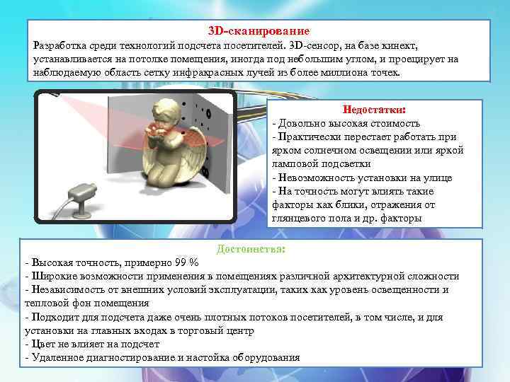 3 D-сканирование Разработка среди технологий подсчета посетителей. 3 D-сенсор, на базе кинект, устанавливается на