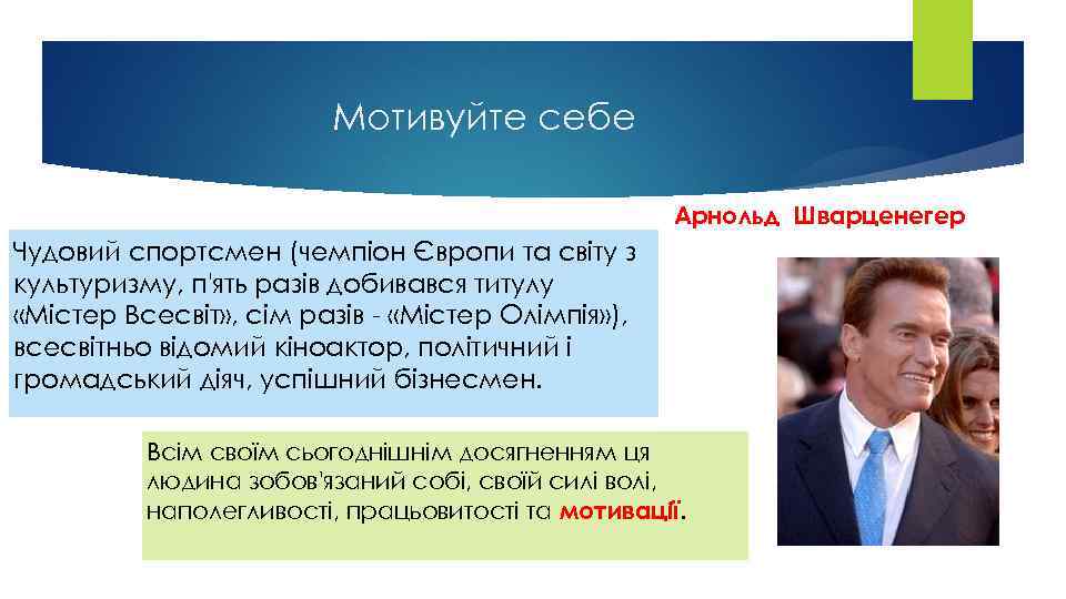 Мотивуйте себе Арнольд Шварценегер Чудовий спортсмен (чемпіон Європи та світу з культуризму, п'ять разів