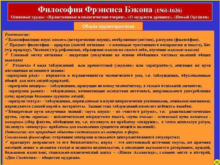 Философия Фрэнсиса Бэкона (1561 -1626) Основные труды: «Нравственные и политические очерки» , «О мудрости