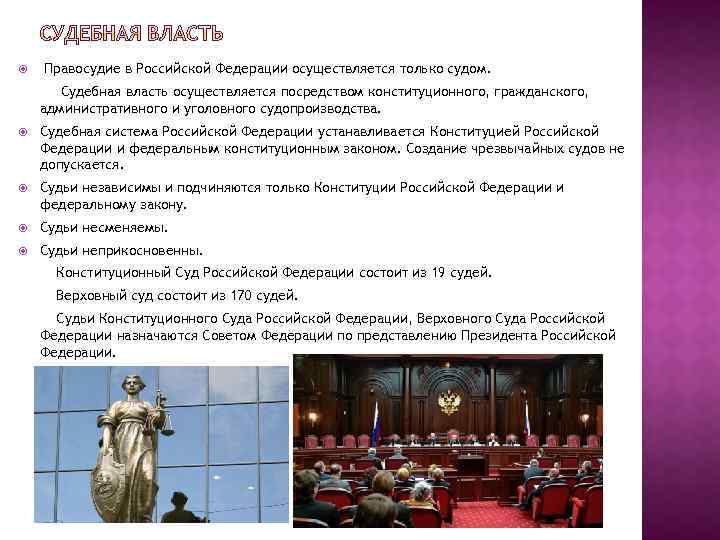  Правосудие в Российской Федерации осуществляется только судом. Судебная власть осуществляется посредством конституционного, гражданского,