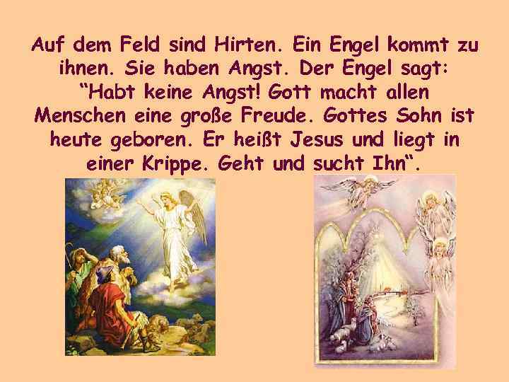 Auf dem Feld sind Hirten. Ein Engel kommt zu ihnen. Sie haben Angst. Der