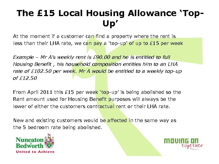 The £ 15 Local Housing Allowance ‘Top. Up’ At the moment if a customer