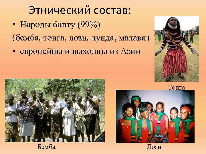 Этнический состав: • Народы банту (99%) (бемба, тонга, лози, лунда, малави) • европейцы и