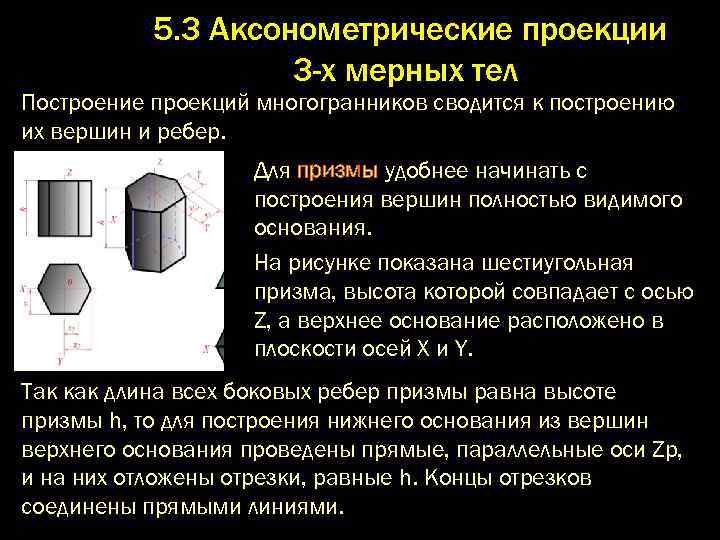 5. 3 Аксонометрические проекции 3 -x мерных тел Постpоение пpоекций многогpанников сводится к постpоению