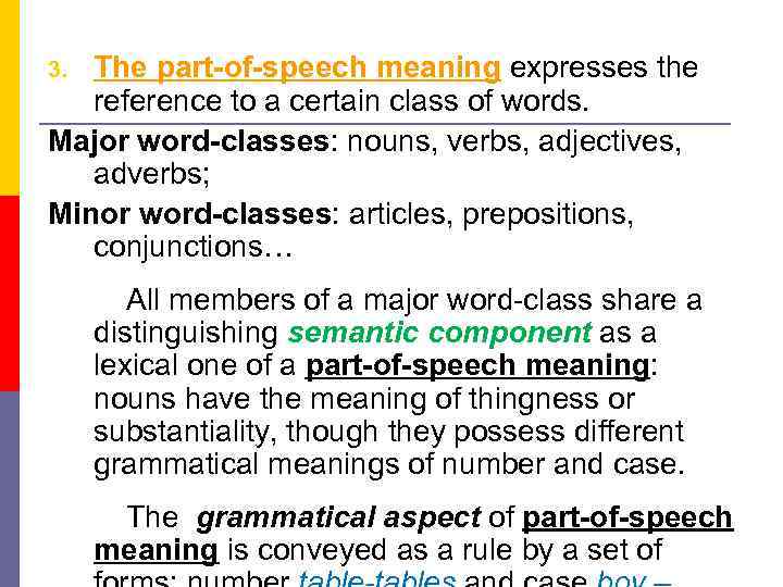 The part-of-speech meaning expresses the reference to a certain class of words. Major word-classes: