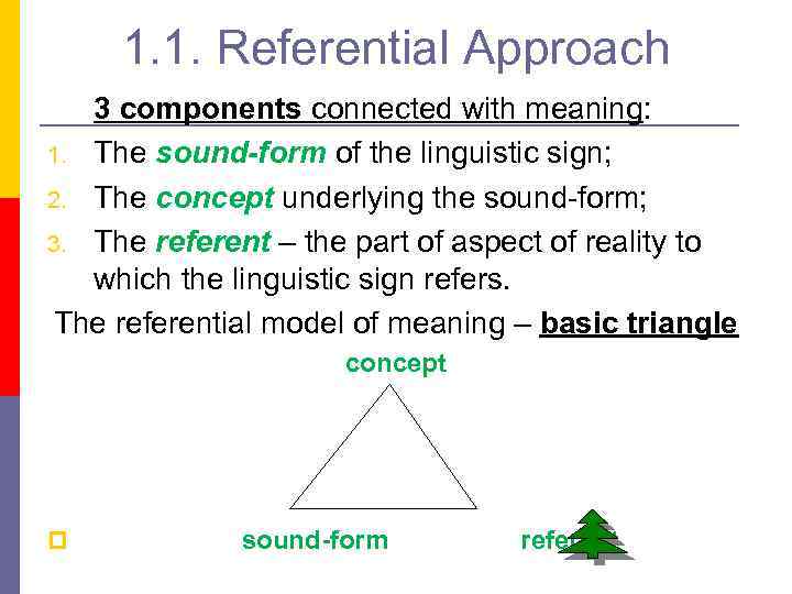 1. 1. Referential Approach 3 components connected with meaning: 1. The sound-form of the