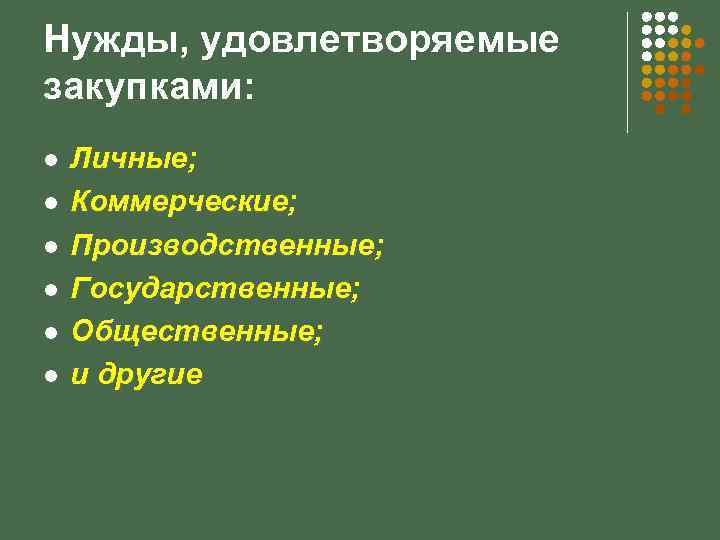 Нужды, удовлетворяемые закупками: l l l Личные; Коммерческие; Производственные; Государственные; Общественные; и другие 