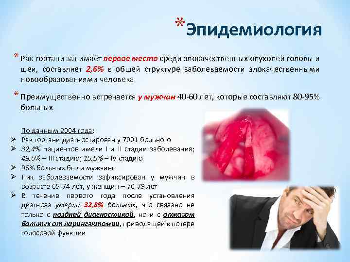 *Эпидемиология * Рак гортани занимает первое место среди злокачественных опухолей головы и шеи, составляет
