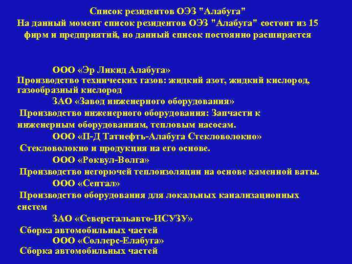 Список резидентов ОЭЗ 