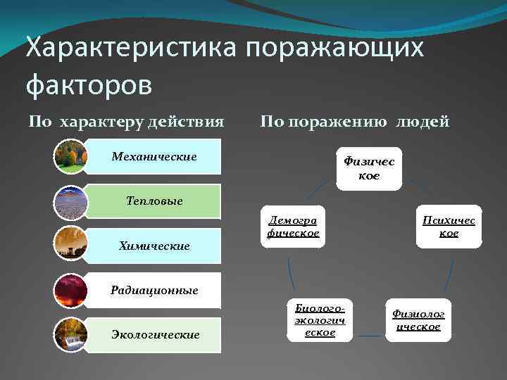 Характеристика поражающих факторов По характеру действия По поражению людей Механические Физичес кое Тепловые Химические