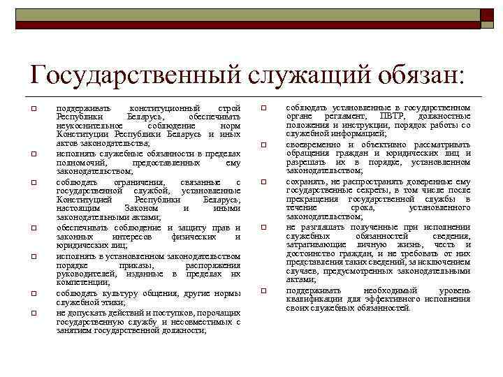 Государственный служащий обязан: o o o o поддерживать конституционный строй Республики Беларусь, обеспечивать неукоснительное