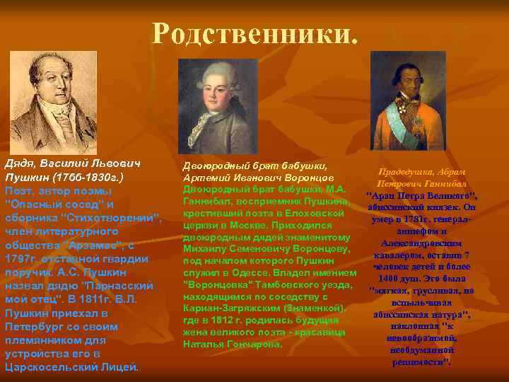 Родственники. Дядя, Василий Львович Пушкин (1766 -1830 г. ) Поэт, автор поэмы "Опасный сосед"