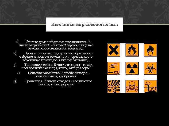 Источники загрязнения почвы: 1) Жилые дома и бытовые предприятия. В числе загрязнений - бытовой