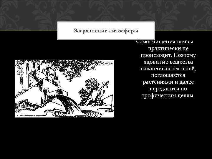 Загрязнение литосферы Самоочищения почвы практически не происходит. Поэтому ядовитые вещества накапливаются в ней, поглощаются