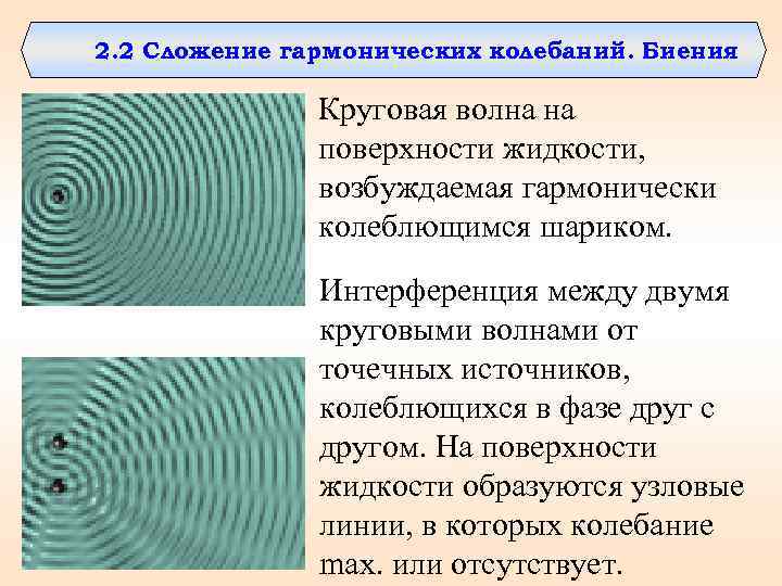 2. 2 Сложение гармонических колебаний. Биения Круговая волна на поверхности жидкости, возбуждаемая гармонически колеблющимся