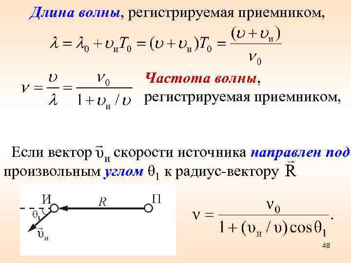 Длина волны, регистрируемая приемником, Частота волны, регистрируемая приемником, Если вектор скорости источника направлен под