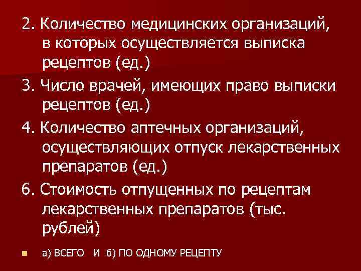 2. Количество медицинских организаций, в которых осуществляется выписка рецептов (ед. ) 3. Число врачей,