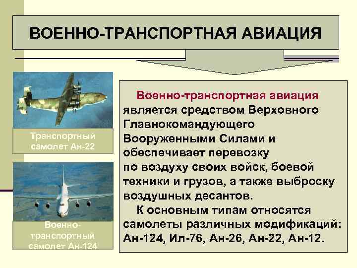 ВОЕННО-ТРАНСПОРТНАЯ АВИАЦИЯ Транспортный самолет Ан-22 Военнотранспортный самолет Ан-124 Военно-транспортная авиация является средством Верховного Главнокомандующего