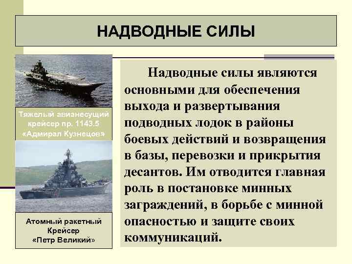 НАДВОДНЫЕ СИЛЫ Тяжелый авианесущий крейсер пр. 1143. 5 «Адмирал Кузнецов» Атомный ракетный Крейсер «Петр