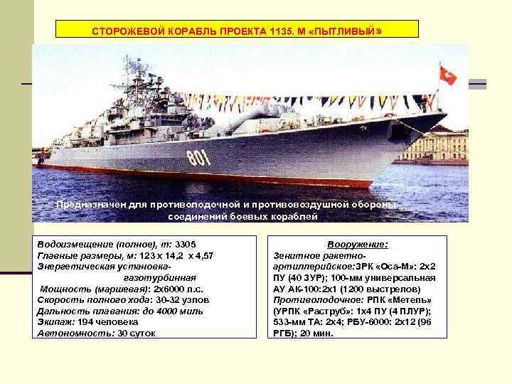 СТОРОЖЕВОЙ КОРАБЛЬ ПРОЕКТА 1135. М «ПЫТЛИВЫЙ» Предназначен для противолодочной и противовоздушной обороны соединений боевых