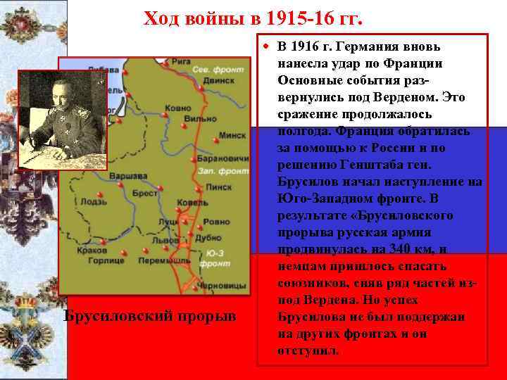 Ход войны в 1915 -16 гг. В 1916 г. Германия вновь Брусиловский прорыв нанесла