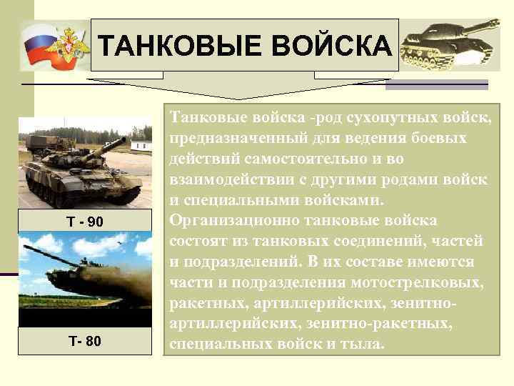 ТАНКОВЫЕ ВОЙСКА Т - 90 Т- 80 Танковые войска -род сухопутных войск, предназначенный для