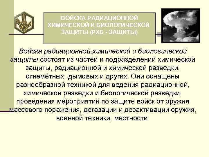 ВОЙСКА РАДИАЦИОННОЙ ХИМИЧЕСКОЙ И БИОЛОГИЧЕСКОЙ ЗАЩИТЫ (РХБ - ЗАЩИТЫ) Войска радиационной, химической и биологической