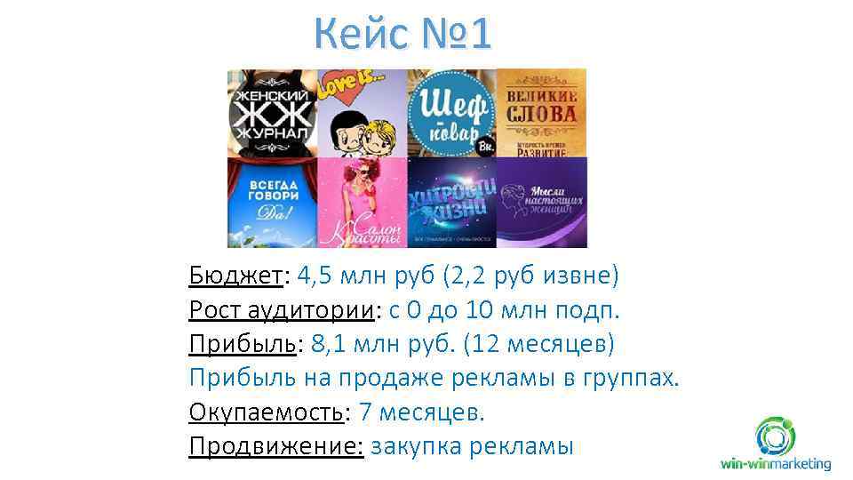 Кейс № 1 Бюджет: 4, 5 млн руб (2, 2 руб извне) Рост аудитории: