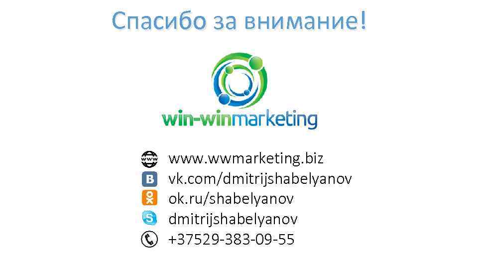Спасибо за внимание! www. wwmarketing. biz vk. com/dmitrijshabelyanov ok. ru/shabelyanov dmitrijshabelyanov +37529 -383 -09