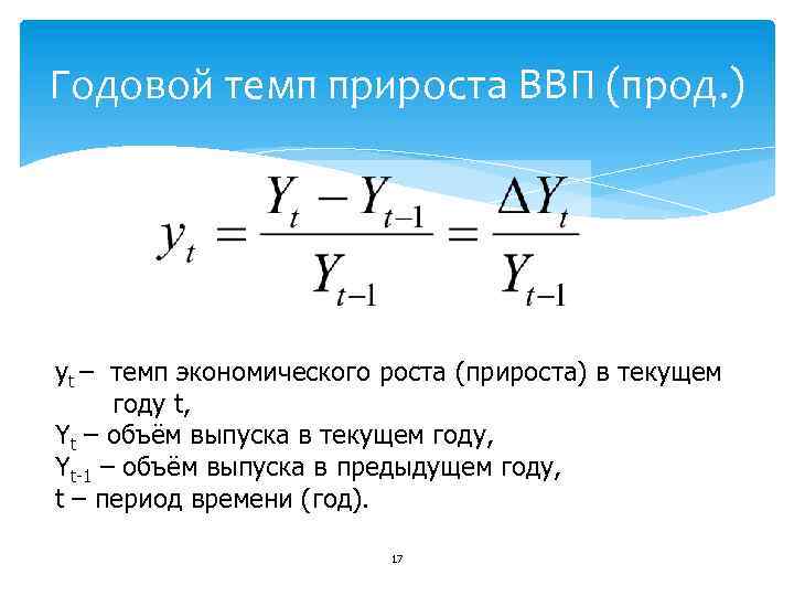 Годовой темп прироста ВВП (прод. ) yt – темп экономического роста (прироста) в текущем