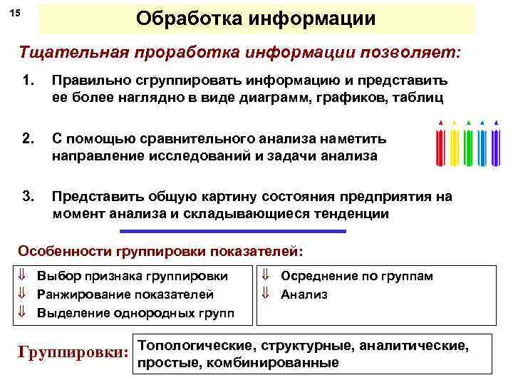 Обработка информации 15 Тщательная проработка информации позволяет: 1. Правильно сгруппировать информацию и представить ее